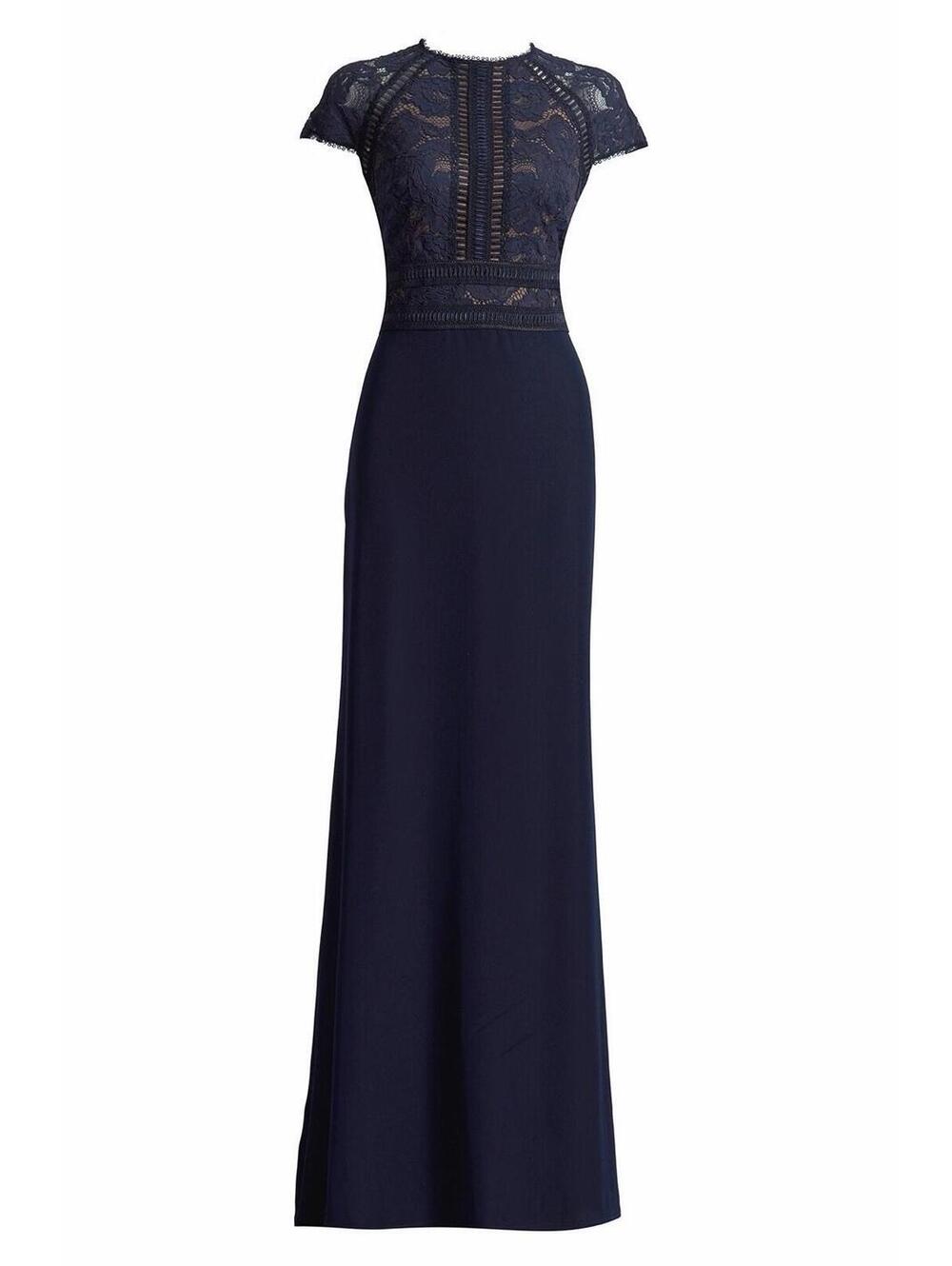 Tadashi Shoji Navy Lace-Top Floor-Length Gown with Cap Sleeves - Picture 6 of 13